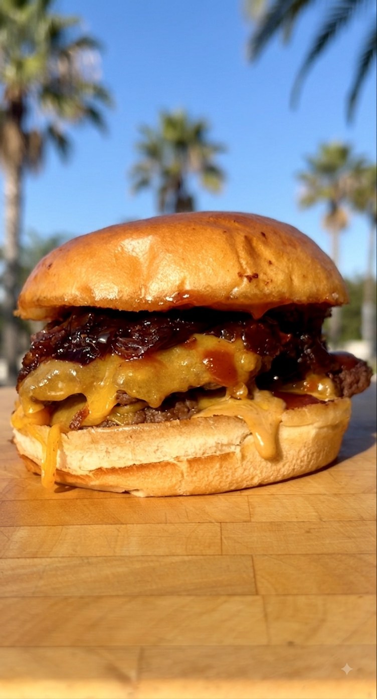 Saftiger Lekker Satt Cheeseburger mit geschmolzenem Käse und Röstzwiebeln