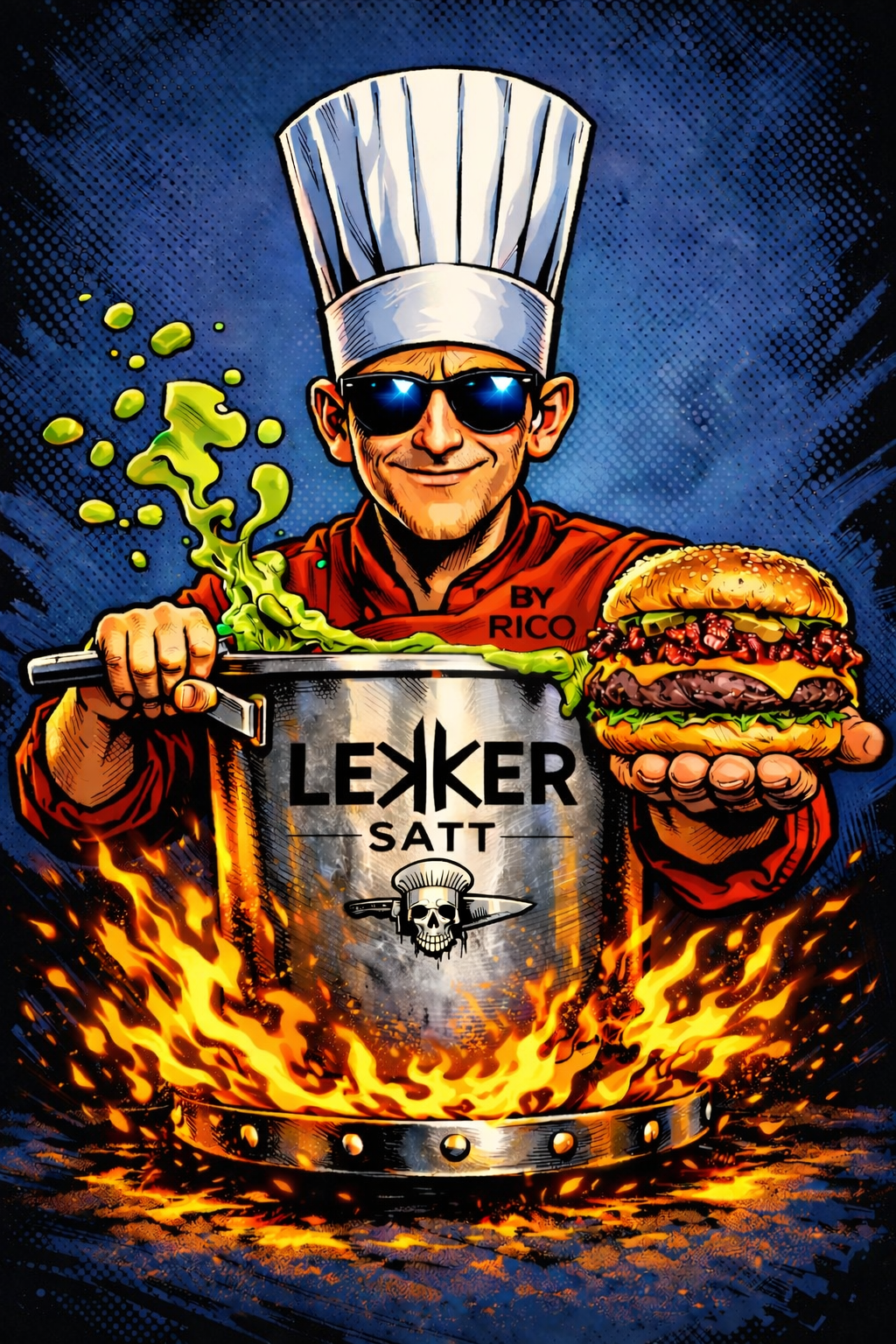 Lekker Satt Logo mit Koch, Burger und Flammen